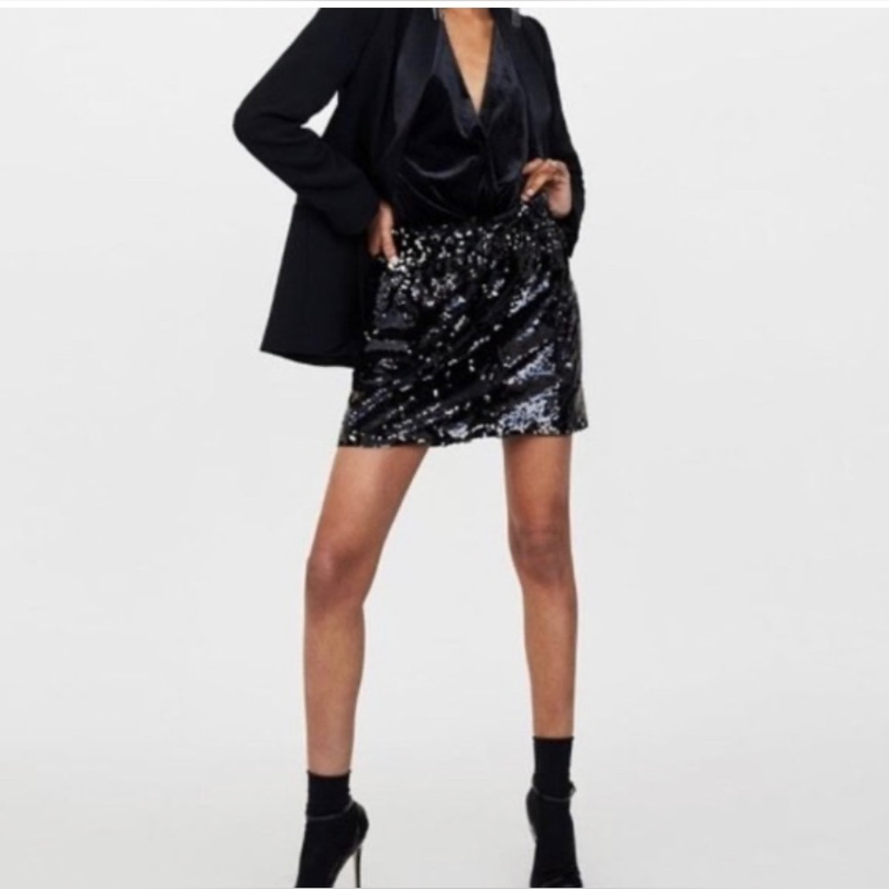 NWOT Zara Black Velvet Sequin Skirt size Small